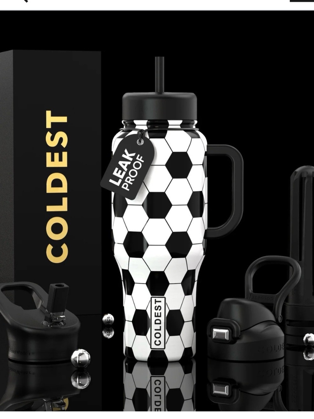 COLDEST Soccer-Pattern Insulated Travel Mug - Black & White
